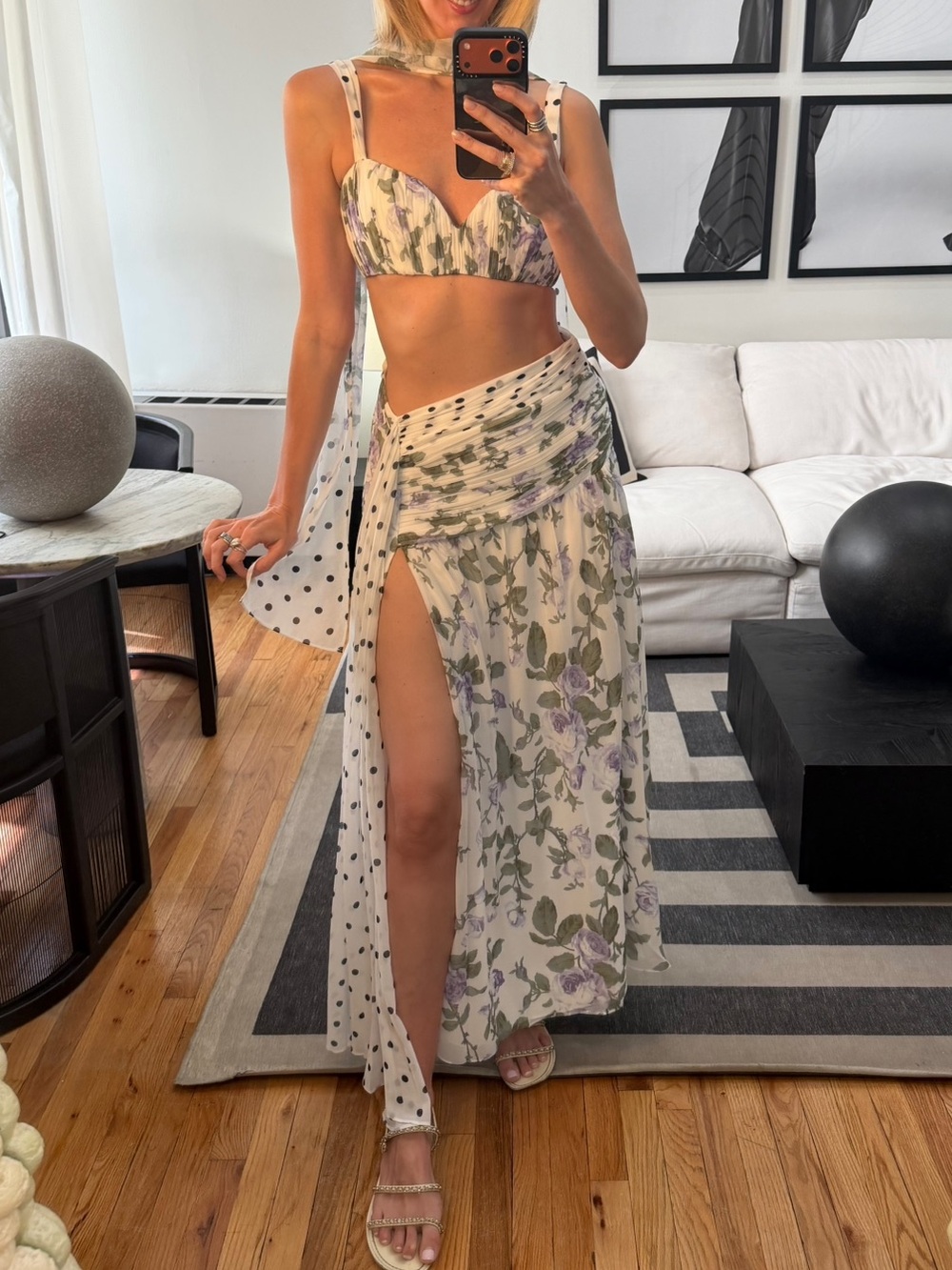 Floral Cream and Green Maxi Wrap Skirt with Side Slit